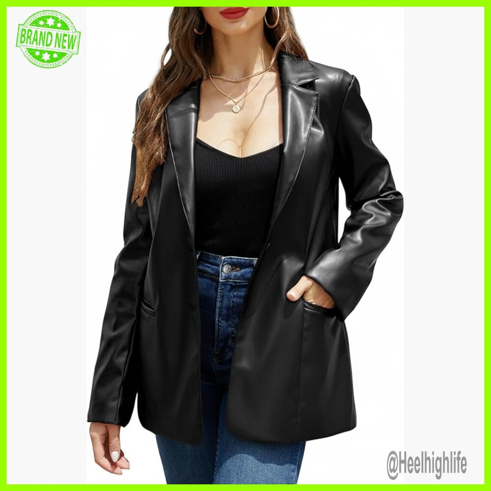 Faux Leather Blazer Jacket Vegan Lapel Button Down Coat Women's Size